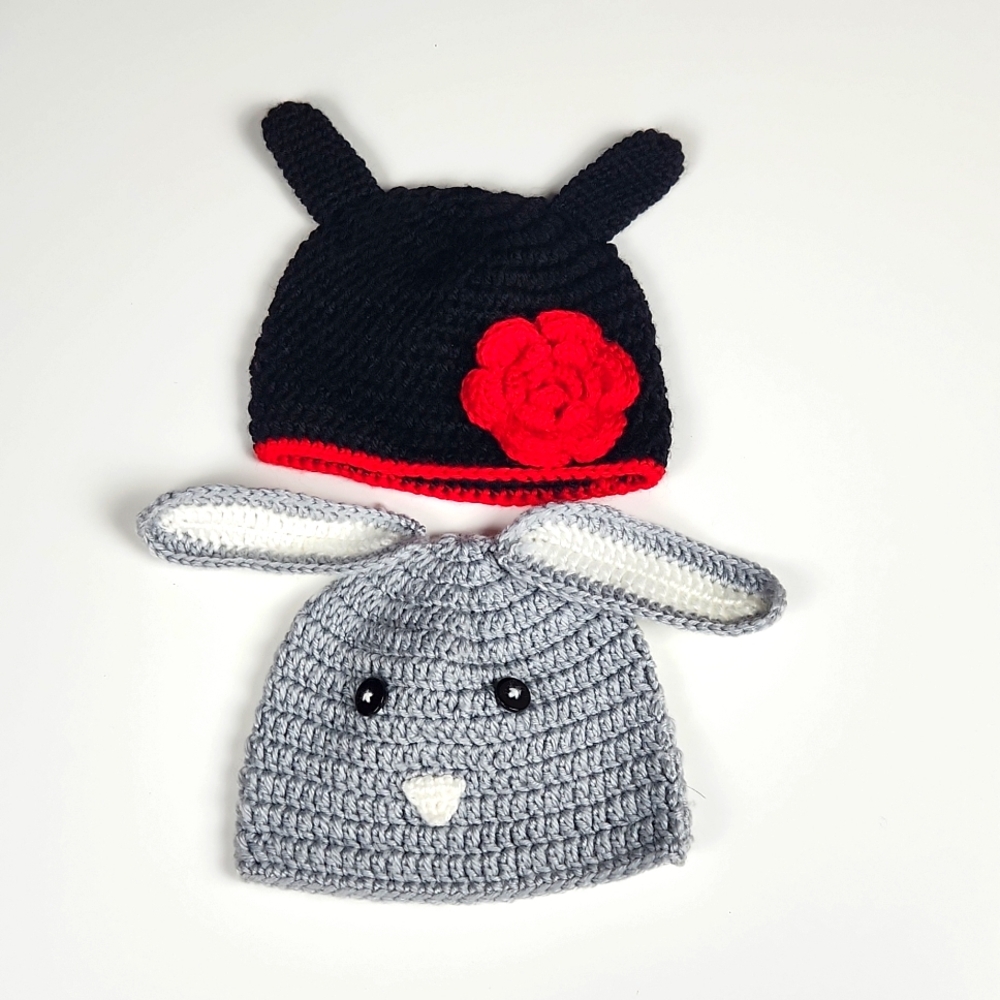 Infant Girl - Knit Hats (2) - Rose with ears and Bunny - Size 0-6 months